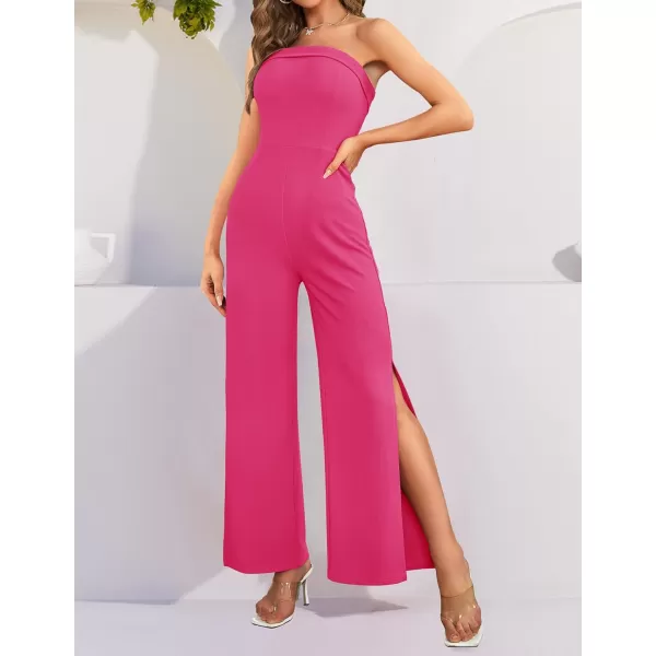 imageZESICA Womens 2023 Strapless Jumpsuit Casual Off Shoulder High Waist Wide Leg Side Slit Long Romper Playsuits with PocketsRose