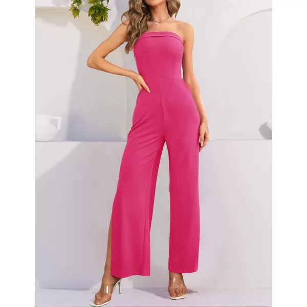 imageZESICA Womens 2023 Strapless Jumpsuit Casual Off Shoulder High Waist Wide Leg Side Slit Long Romper Playsuits with PocketsRose