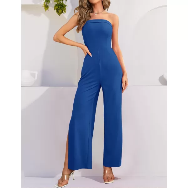 imageZESICA Womens 2023 Strapless Jumpsuit Casual Off Shoulder High Waist Wide Leg Side Slit Long Romper Playsuits with PocketsRoyalblue