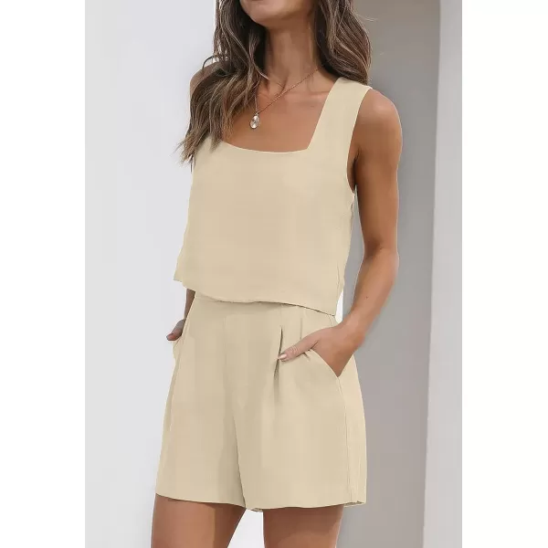 imageZESICA Womens 2023 Summer 2 Piece Outfit Linen Square Neck Tank Crop Top and Shorts Two Piece Lounge Matching SetApricot