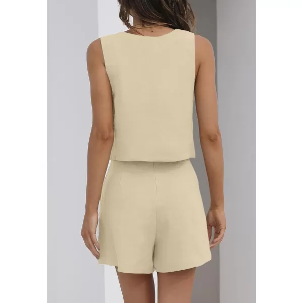 imageZESICA Womens 2023 Summer 2 Piece Outfit Linen Square Neck Tank Crop Top and Shorts Two Piece Lounge Matching SetApricot