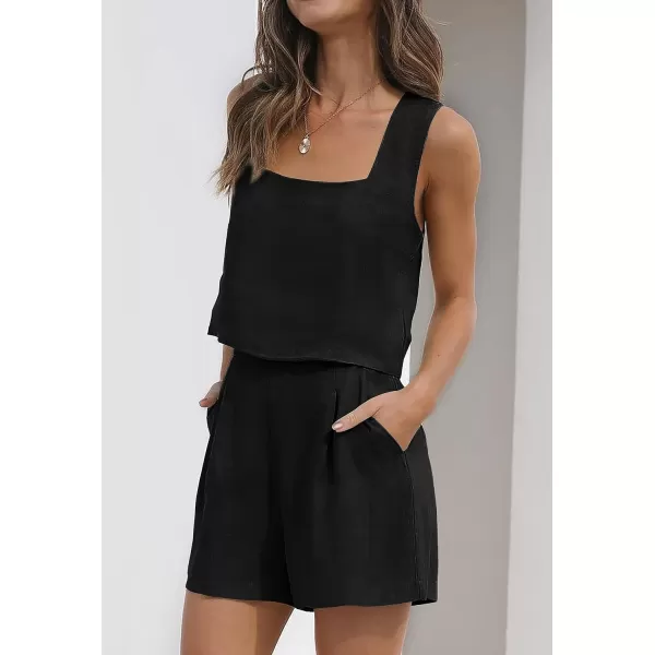 imageZESICA Womens 2023 Summer 2 Piece Outfit Linen Square Neck Tank Crop Top and Shorts Two Piece Lounge Matching SetBlack