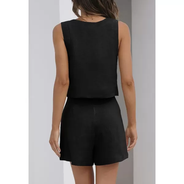 imageZESICA Womens 2023 Summer 2 Piece Outfit Linen Square Neck Tank Crop Top and Shorts Two Piece Lounge Matching SetBlack