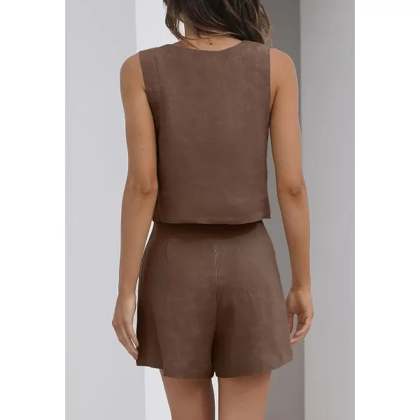 imageZESICA Womens 2023 Summer 2 Piece Outfit Linen Square Neck Tank Crop Top and Shorts Two Piece Lounge Matching SetBrown