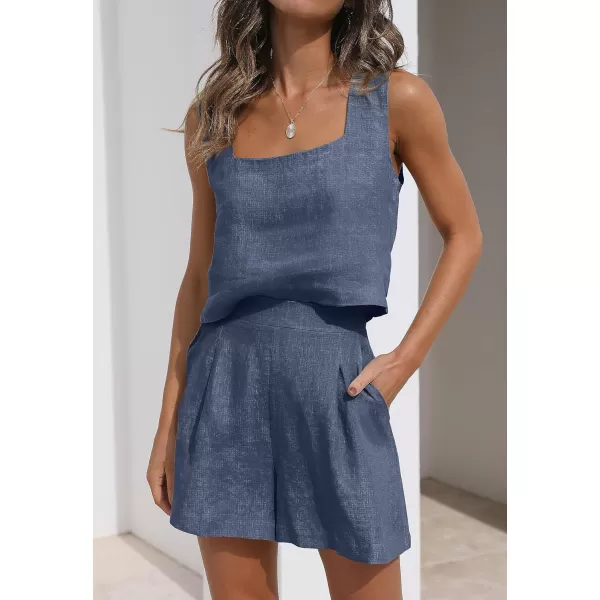 imageZESICA Womens 2023 Summer 2 Piece Outfit Linen Square Neck Tank Crop Top and Shorts Two Piece Lounge Matching SetDustyblue