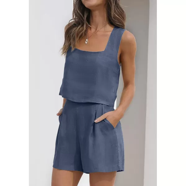 imageZESICA Womens 2023 Summer 2 Piece Outfit Linen Square Neck Tank Crop Top and Shorts Two Piece Lounge Matching SetDustyblue