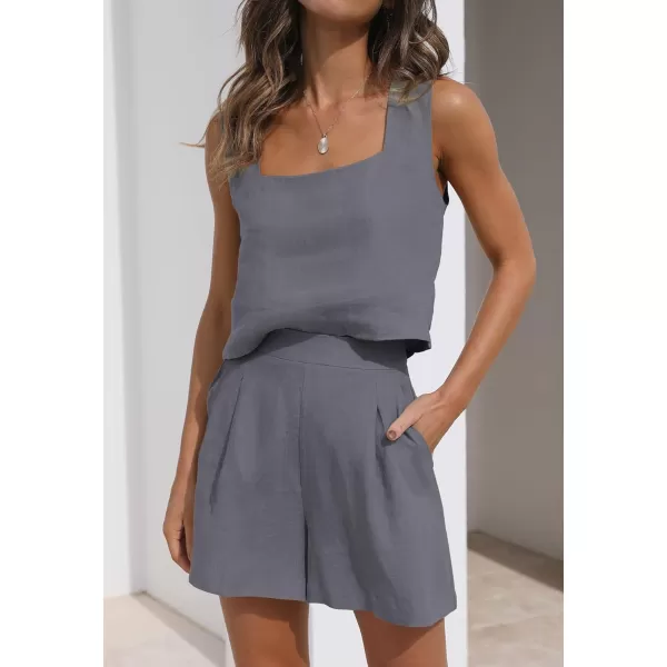 imageZESICA Womens 2023 Summer 2 Piece Outfit Linen Square Neck Tank Crop Top and Shorts Two Piece Lounge Matching SetGrey