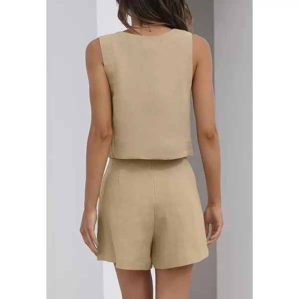 imageZESICA Womens 2023 Summer 2 Piece Outfit Linen Square Neck Tank Crop Top and Shorts Two Piece Lounge Matching SetKhaki