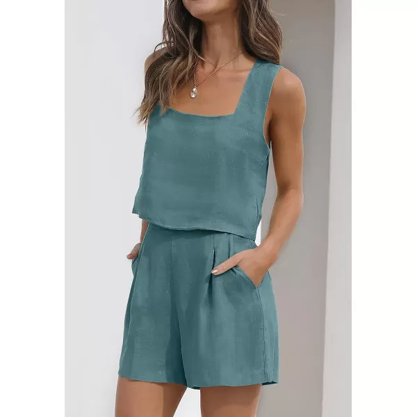 imageZESICA Womens 2023 Summer 2 Piece Outfit Linen Square Neck Tank Crop Top and Shorts Two Piece Lounge Matching SetLake