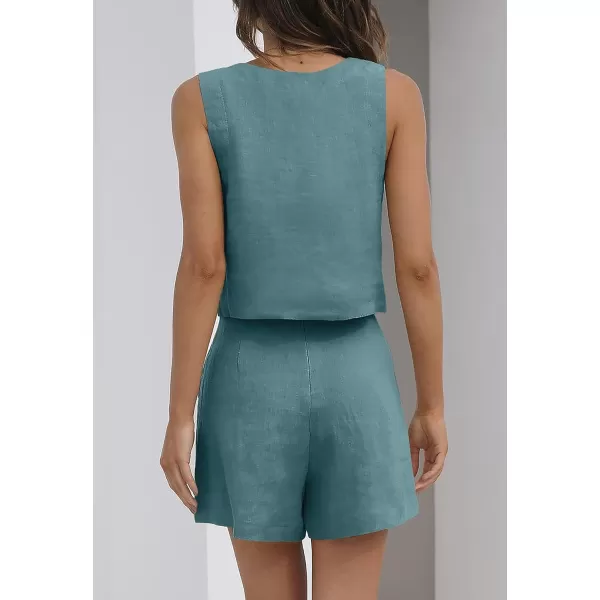imageZESICA Womens 2023 Summer 2 Piece Outfit Linen Square Neck Tank Crop Top and Shorts Two Piece Lounge Matching SetLake