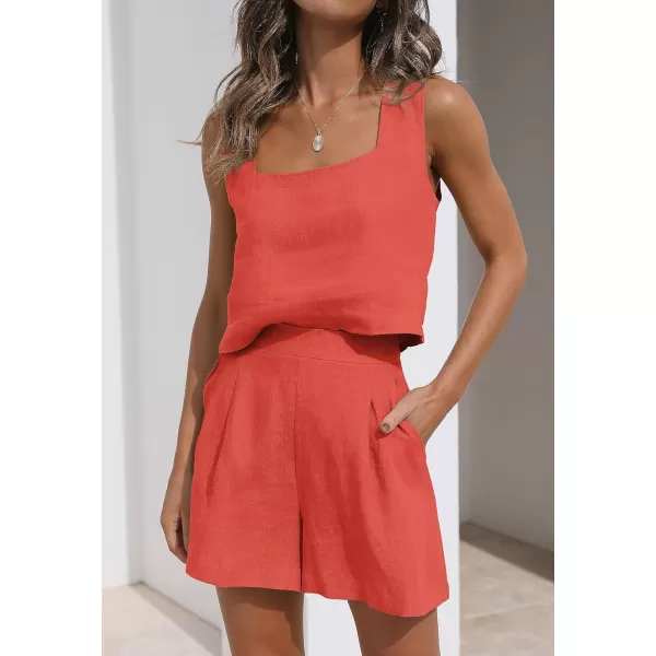 imageZESICA Womens 2023 Summer 2 Piece Outfit Linen Square Neck Tank Crop Top and Shorts Two Piece Lounge Matching SetOrangered