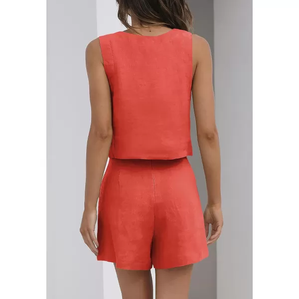 imageZESICA Womens 2023 Summer 2 Piece Outfit Linen Square Neck Tank Crop Top and Shorts Two Piece Lounge Matching SetOrangered