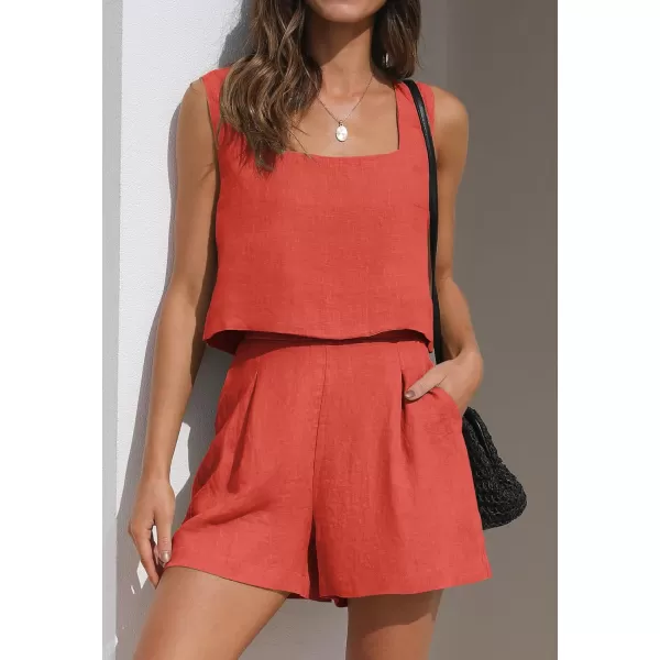 imageZESICA Womens 2023 Summer 2 Piece Outfit Linen Square Neck Tank Crop Top and Shorts Two Piece Lounge Matching SetOrangered