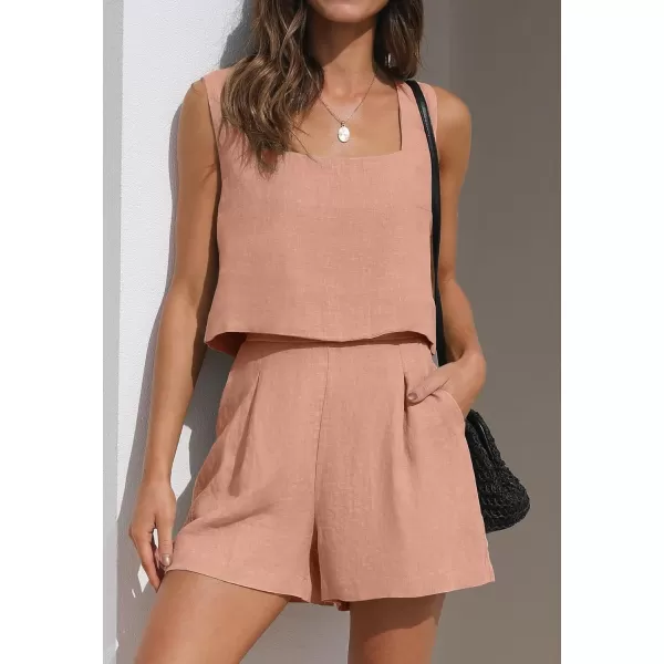 imageZESICA Womens 2023 Summer 2 Piece Outfit Linen Square Neck Tank Crop Top and Shorts Two Piece Lounge Matching SetPink