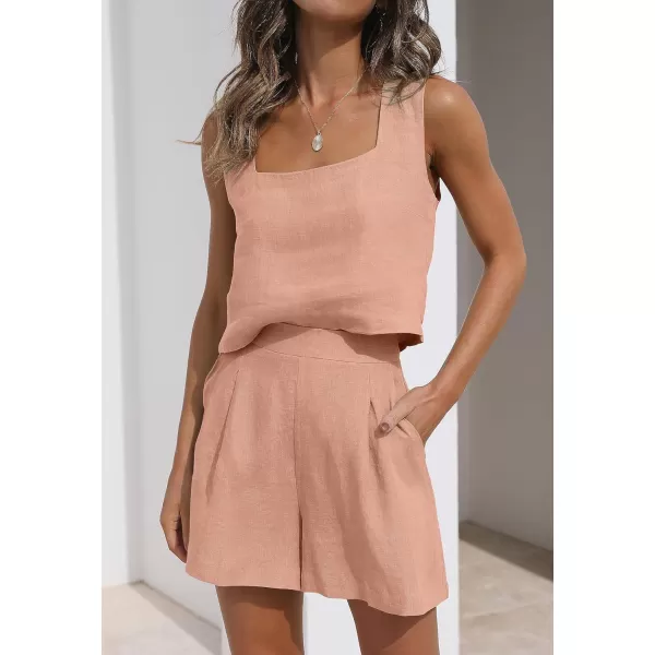 imageZESICA Womens 2023 Summer 2 Piece Outfit Linen Square Neck Tank Crop Top and Shorts Two Piece Lounge Matching SetPink