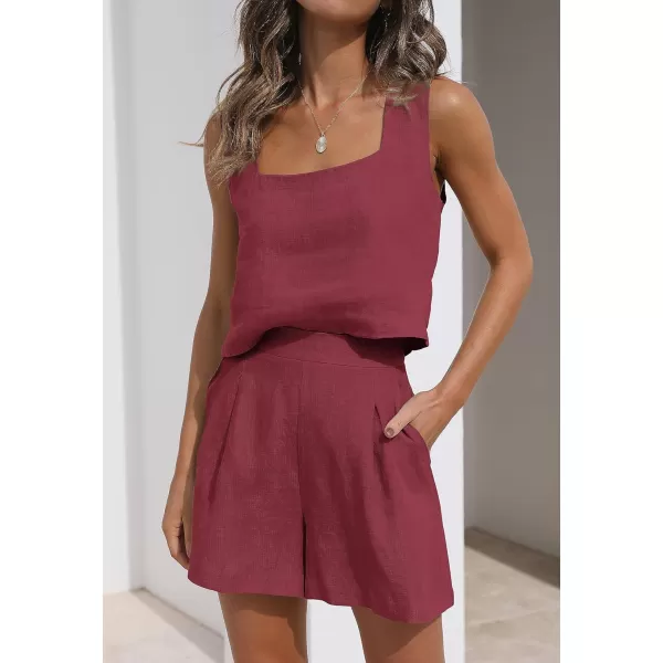 imageZESICA Womens 2023 Summer 2 Piece Outfit Linen Square Neck Tank Crop Top and Shorts Two Piece Lounge Matching SetPlum