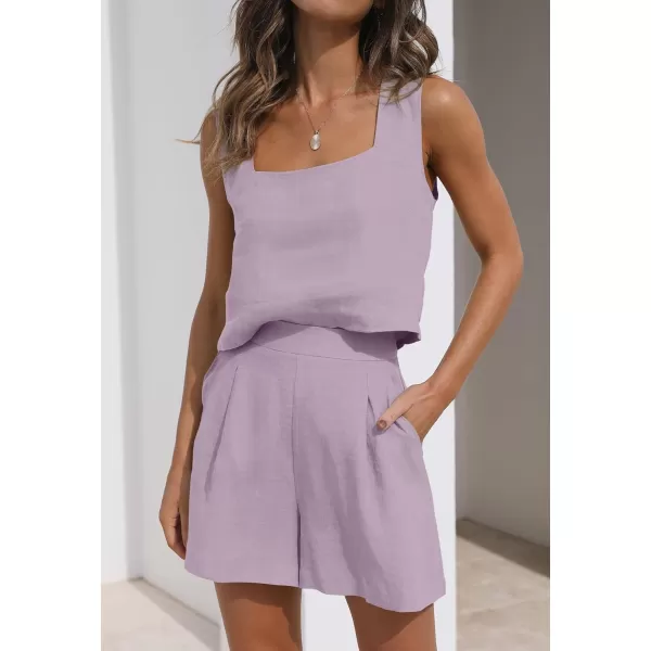 imageZESICA Womens 2023 Summer 2 Piece Outfit Linen Square Neck Tank Crop Top and Shorts Two Piece Lounge Matching SetPurple