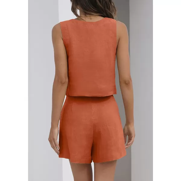 imageZESICA Womens 2023 Summer 2 Piece Outfit Linen Square Neck Tank Crop Top and Shorts Two Piece Lounge Matching SetRust