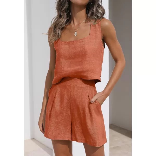 imageZESICA Womens 2023 Summer 2 Piece Outfit Linen Square Neck Tank Crop Top and Shorts Two Piece Lounge Matching SetRust