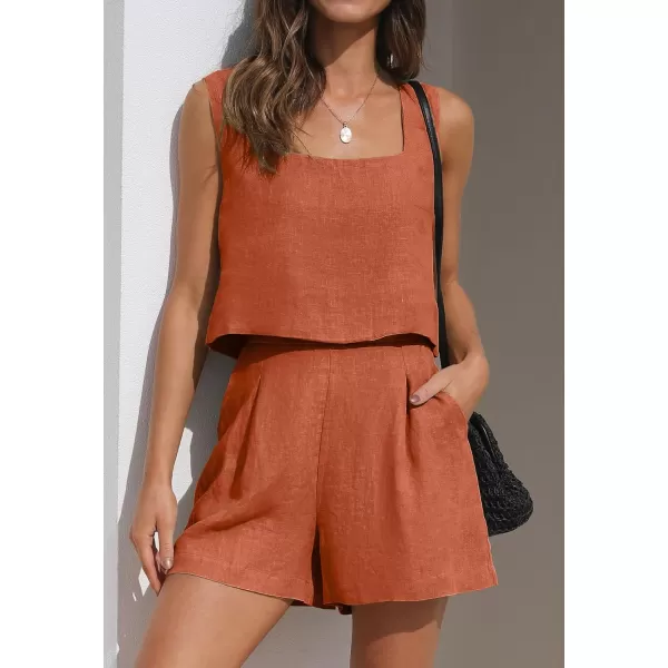imageZESICA Womens 2023 Summer 2 Piece Outfit Linen Square Neck Tank Crop Top and Shorts Two Piece Lounge Matching SetRust