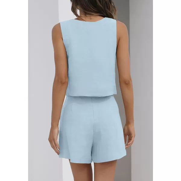 imageZESICA Womens 2023 Summer 2 Piece Outfit Linen Square Neck Tank Crop Top and Shorts Two Piece Lounge Matching SetSky
