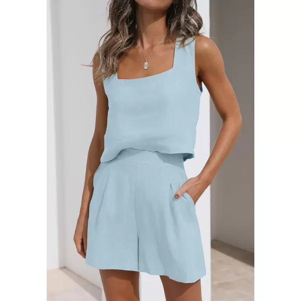 imageZESICA Womens 2023 Summer 2 Piece Outfit Linen Square Neck Tank Crop Top and Shorts Two Piece Lounge Matching SetSky