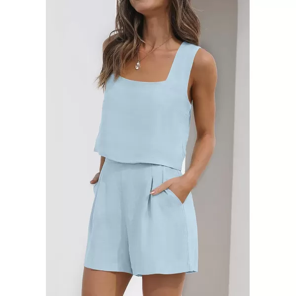 imageZESICA Womens 2023 Summer 2 Piece Outfit Linen Square Neck Tank Crop Top and Shorts Two Piece Lounge Matching SetSky