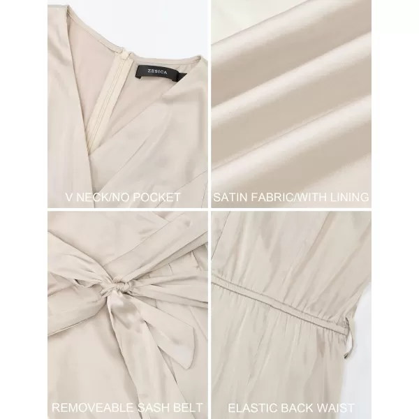 imageZESICA Womens 2023 Summer Bodycon Dress Satin V Neck Short Sleeve Ruched Tie Waist Wrap Split Cocktail Party Midi DressesApricot