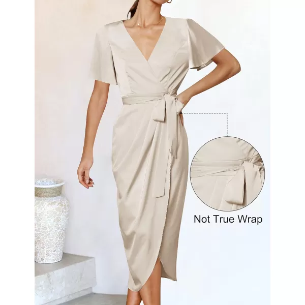 imageZESICA Womens 2023 Summer Bodycon Dress Satin V Neck Short Sleeve Ruched Tie Waist Wrap Split Cocktail Party Midi DressesApricot