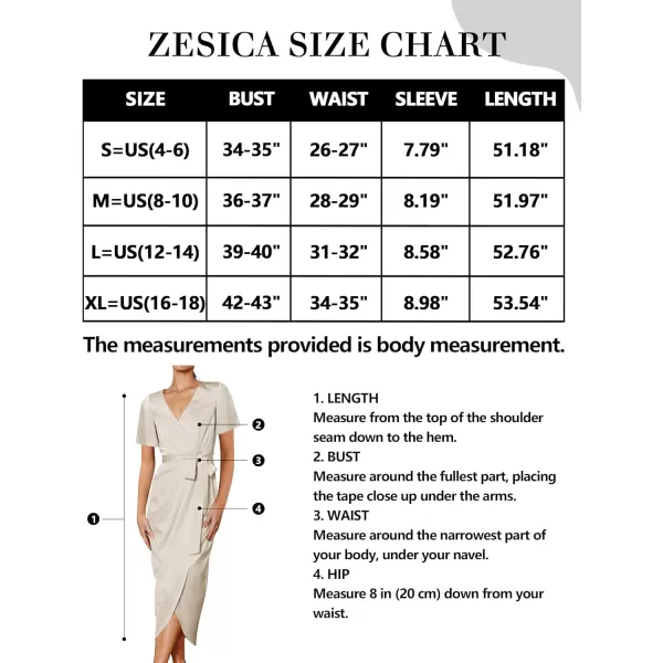 imageZESICA Womens 2023 Summer Bodycon Dress Satin V Neck Short Sleeve Ruched Tie Waist Wrap Split Cocktail Party Midi DressesApricot