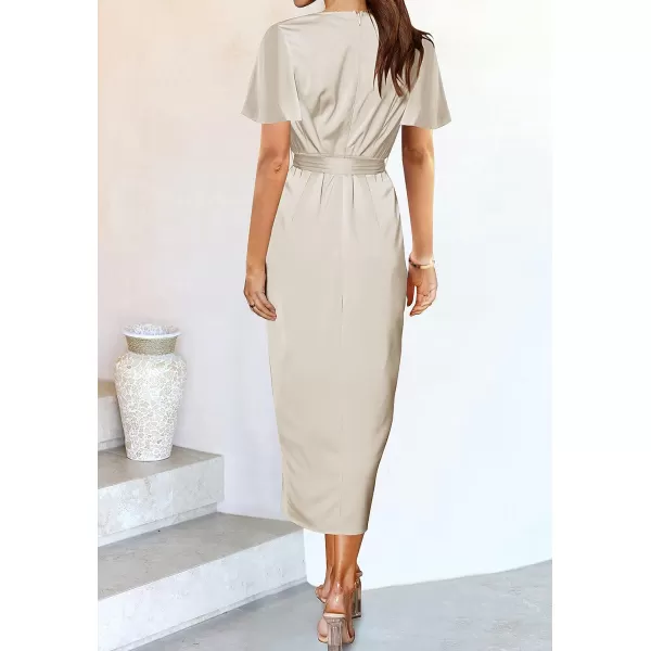 imageZESICA Womens 2023 Summer Bodycon Dress Satin V Neck Short Sleeve Ruched Tie Waist Wrap Split Cocktail Party Midi DressesApricot