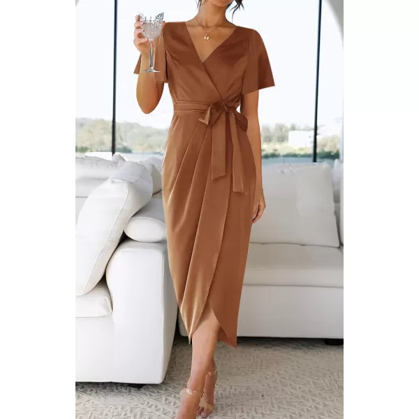 imageZESICA Womens 2023 Summer Bodycon Dress Satin V Neck Short Sleeve Ruched Tie Waist Wrap Split Cocktail Party Midi DressesCaramel