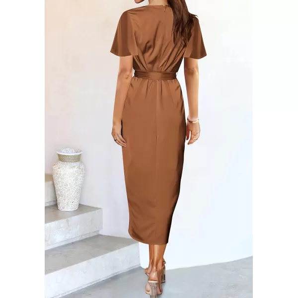 imageZESICA Womens 2023 Summer Bodycon Dress Satin V Neck Short Sleeve Ruched Tie Waist Wrap Split Cocktail Party Midi DressesCaramel