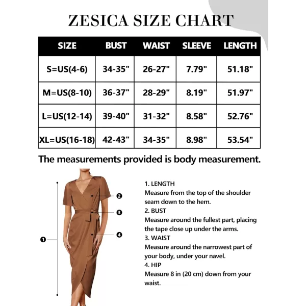 imageZESICA Womens 2023 Summer Bodycon Dress Satin V Neck Short Sleeve Ruched Tie Waist Wrap Split Cocktail Party Midi DressesCaramel