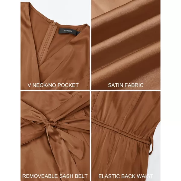 imageZESICA Womens 2023 Summer Bodycon Dress Satin V Neck Short Sleeve Ruched Tie Waist Wrap Split Cocktail Party Midi DressesCaramel