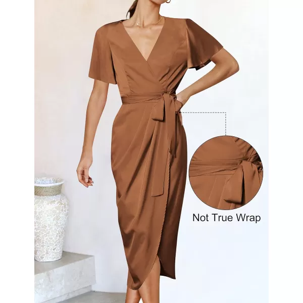 imageZESICA Womens 2023 Summer Bodycon Dress Satin V Neck Short Sleeve Ruched Tie Waist Wrap Split Cocktail Party Midi DressesCaramel