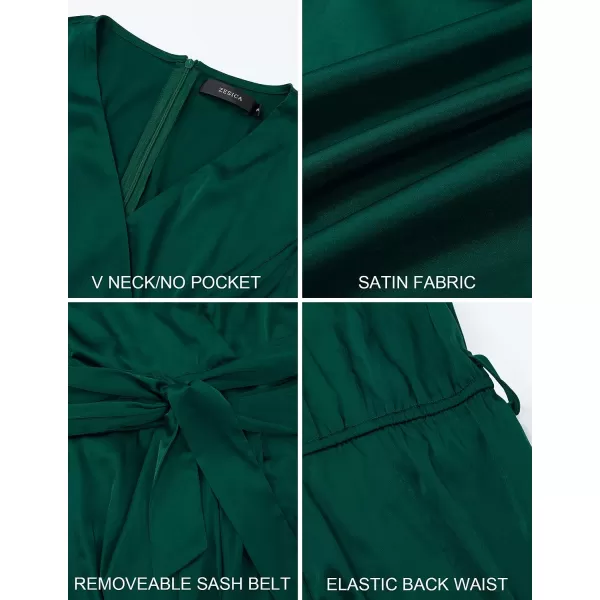 imageZESICA Womens 2023 Summer Bodycon Dress Satin V Neck Short Sleeve Ruched Tie Waist Wrap Split Cocktail Party Midi DressesGreen