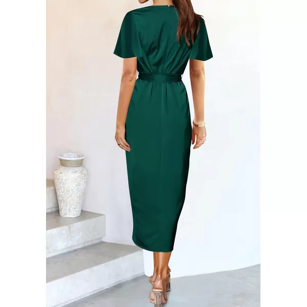 imageZESICA Womens 2023 Summer Bodycon Dress Satin V Neck Short Sleeve Ruched Tie Waist Wrap Split Cocktail Party Midi DressesGreen