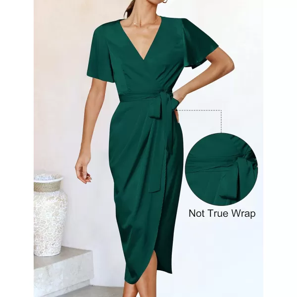 imageZESICA Womens 2023 Summer Bodycon Dress Satin V Neck Short Sleeve Ruched Tie Waist Wrap Split Cocktail Party Midi DressesGreen