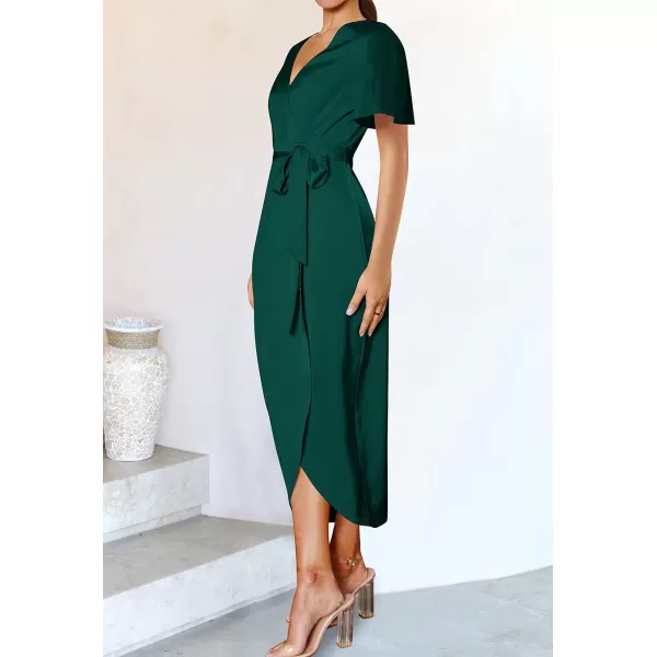 imageZESICA Womens 2023 Summer Bodycon Dress Satin V Neck Short Sleeve Ruched Tie Waist Wrap Split Cocktail Party Midi DressesGreen