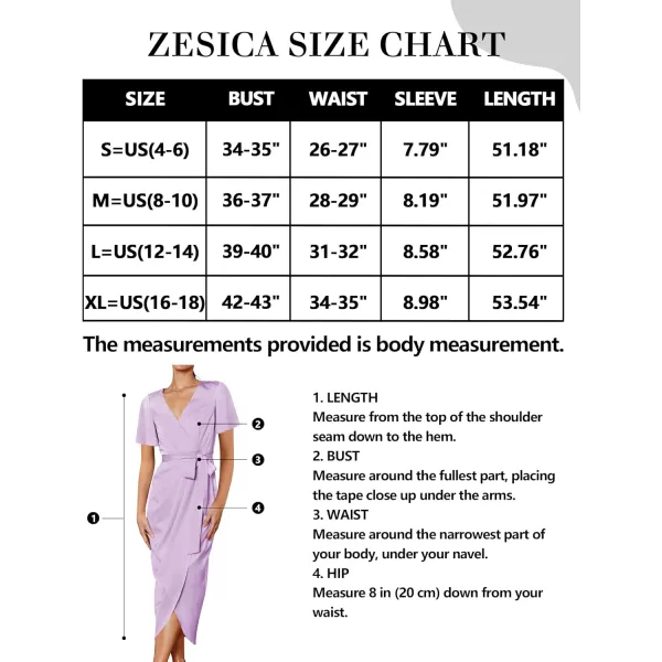 imageZESICA Womens 2023 Summer Bodycon Dress Satin V Neck Short Sleeve Ruched Tie Waist Wrap Split Cocktail Party Midi DressesLavender