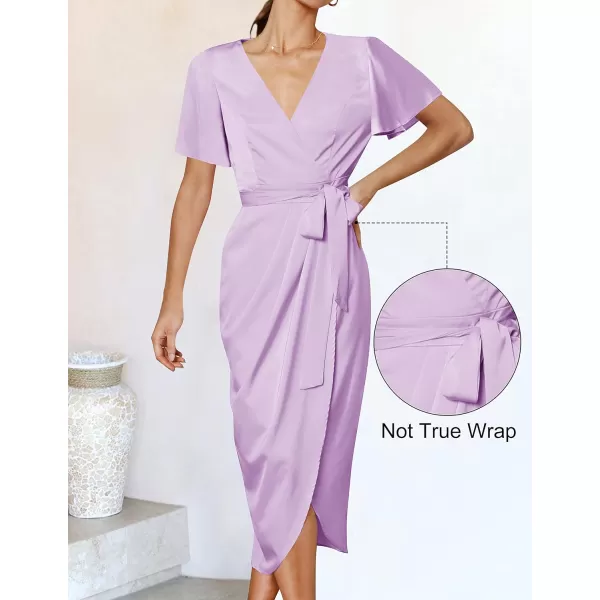 imageZESICA Womens 2023 Summer Bodycon Dress Satin V Neck Short Sleeve Ruched Tie Waist Wrap Split Cocktail Party Midi DressesLavender