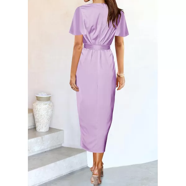 imageZESICA Womens 2023 Summer Bodycon Dress Satin V Neck Short Sleeve Ruched Tie Waist Wrap Split Cocktail Party Midi DressesLavender