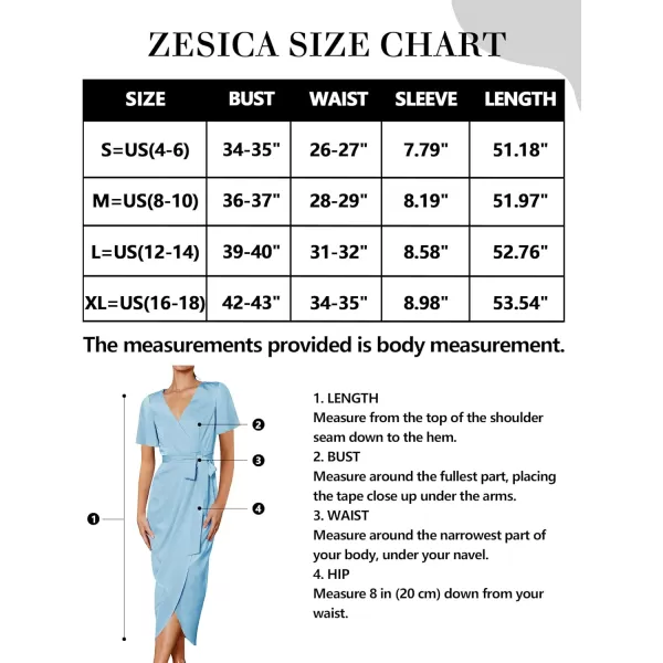 imageZESICA Womens 2023 Summer Bodycon Dress Satin V Neck Short Sleeve Ruched Tie Waist Wrap Split Cocktail Party Midi DressesLightblue