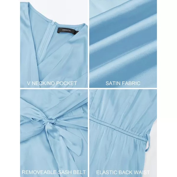imageZESICA Womens 2023 Summer Bodycon Dress Satin V Neck Short Sleeve Ruched Tie Waist Wrap Split Cocktail Party Midi DressesLightblue