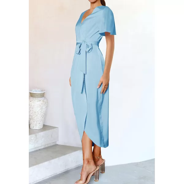 imageZESICA Womens 2023 Summer Bodycon Dress Satin V Neck Short Sleeve Ruched Tie Waist Wrap Split Cocktail Party Midi DressesLightblue
