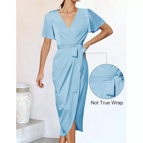 imageZESICA Womens 2023 Summer Bodycon Dress Satin V Neck Short Sleeve Ruched Tie Waist Wrap Split Cocktail Party Midi DressesLightblue