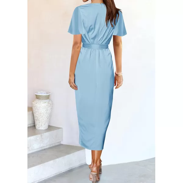 imageZESICA Womens 2023 Summer Bodycon Dress Satin V Neck Short Sleeve Ruched Tie Waist Wrap Split Cocktail Party Midi DressesLightblue