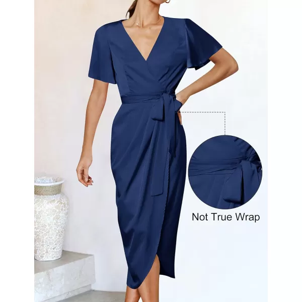 imageZESICA Womens 2023 Summer Bodycon Dress Satin V Neck Short Sleeve Ruched Tie Waist Wrap Split Cocktail Party Midi DressesNavy