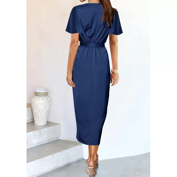 imageZESICA Womens 2023 Summer Bodycon Dress Satin V Neck Short Sleeve Ruched Tie Waist Wrap Split Cocktail Party Midi DressesNavy